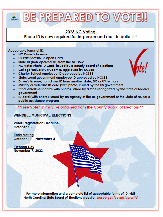North Carolina -Be Prepared to Vote 2023 - Photo ID required. Register before Oct 13th