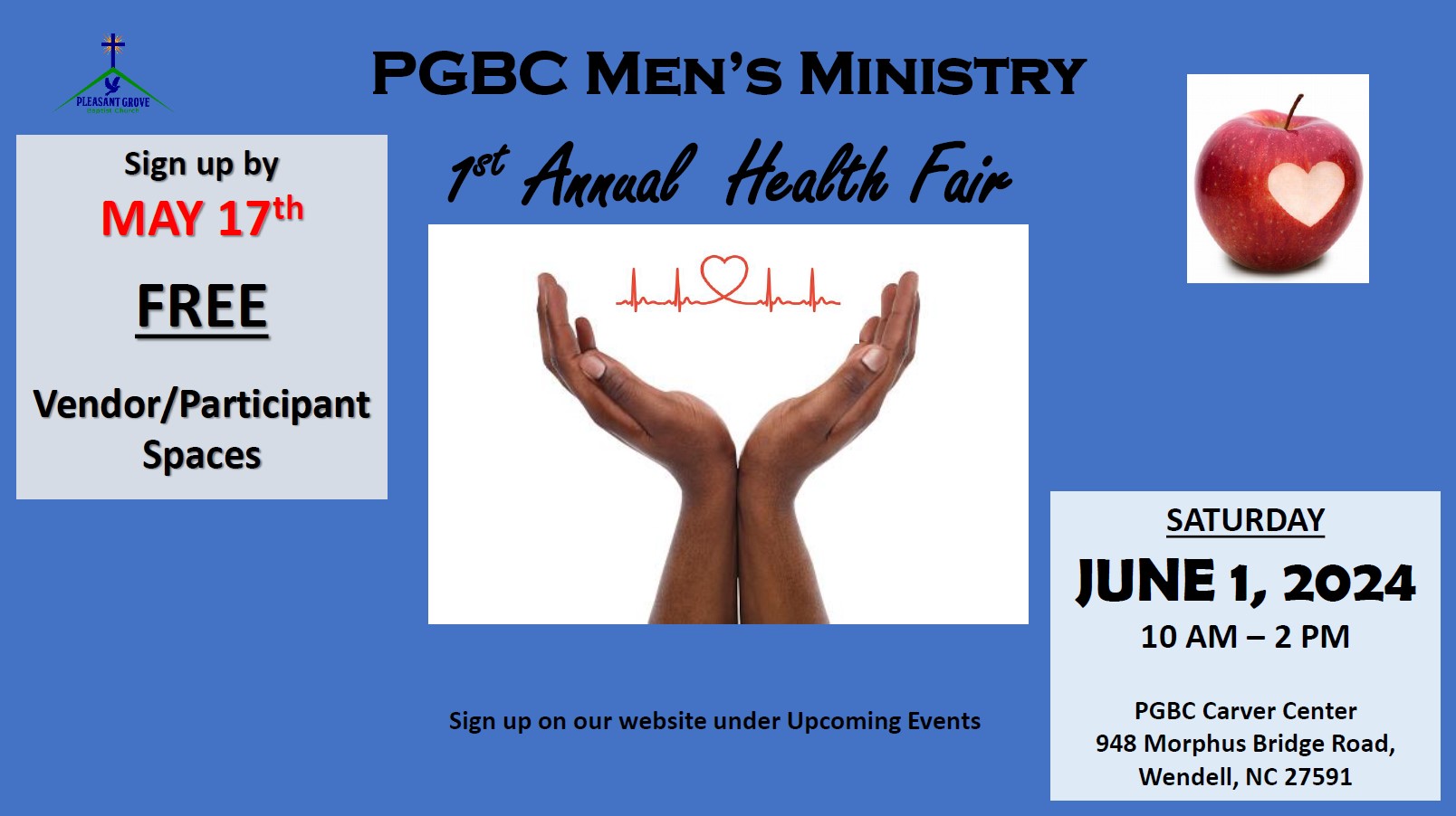 PGBC Men's Ministry Health Fair, Saturday, June 1, 2024, 10 am - 2pm